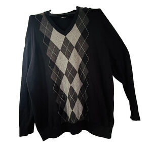 Claiborne Mens 3XLT Argyle Sweater Black/gray V-Neck Big Tall 100%Cotton